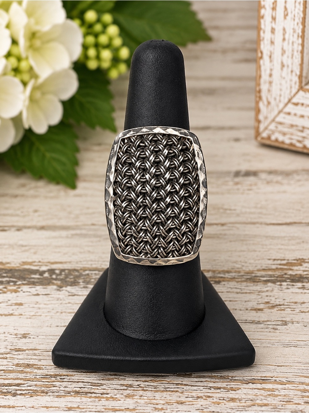 Lois Hill Silver Rectangular Textile Weave Cut-Out Ring.